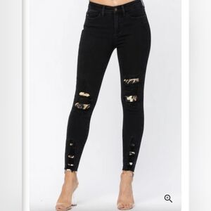 Judy Blue Distressed Black Skinny Jeans Animal Print Plus Size 24W Stretch